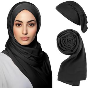 Hijab Scarf for Women Instant Hijab Scarves and Undercap Set, Chiffon Muslim Head Scarf Islamic Solid Long Shawl (Black)