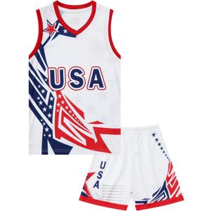 Kids USA Basketball Jersey Set Boys American Flag Athletic Shirts Sleeveless Tank Top and Track Shorts (Medium, Red)