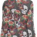 Irisjudy Cover Ups for Women Swimsuit Terror Skull Side Tie Chiffon Swimwear Coverup Gothic Bloody Rose Sexy V-Neck Beachwear (L)