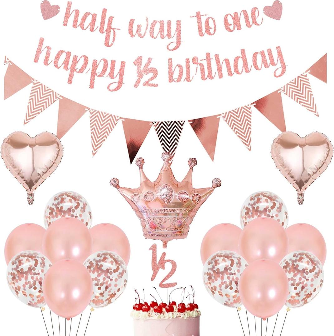 Half Way To One Banners - 21 Pcs Rose Gold 6 Months Birthday Decorations Girls Happy 1/2 Birthday Banner Cake Topper Heart Foil Balloons Latex Balloon for Baby Shower Girls Party Supplies
