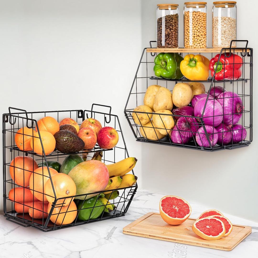 3 Tier Fruit Basket for Kitchen with Bamboo Cutting Board, 2 Set Pantry Kitchen Organizers and Storage, Stackable Wire Wall Basket, Onion Potato Vegetable Storage for Countertop Floor Cabinet Shelf
