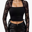 Women's Going Out Tops Mesh Top Long Sleeve Square Neck Sheer Crop Top Slim Fit Shirt Ruched Drawstring Side Y2K Clothes L