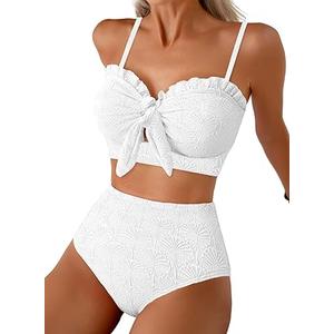 Herseas Women's Seashell Textured Bikini Sets Knotted Front 2 Piece Swimsuits Ruffle Trim Bathing Suits, L, White