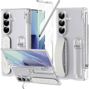 Finger Strap for Samsung Galaxy Z Fold 7 Case with S Pen Holder & Stylus, Z Fold7 Hand Strap Case Kickstand Full Coverage Screen Protector Hinge Protection Wristband Cover for Z Fold 7 Clear