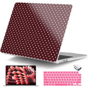 DONGKE for MacBook Air 15 inch Case M5 M4 M3 M2 Chip 2026 2025 2024 2023 Release (Model A3448 A3241 A3114 A2941), Hard Shell Case with Keyboard Cover & Type C Adapter, Burgundy Polka Dots