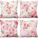 Floral Pillow Covers Pink Rose Flower Green Leaves Peony Set of 4 Watercolor Blooming Plant Cushion Covers 20x20 Romantic Soft Pillowcases for Couch Sofa Bedroom Patio Farmhouse Garden