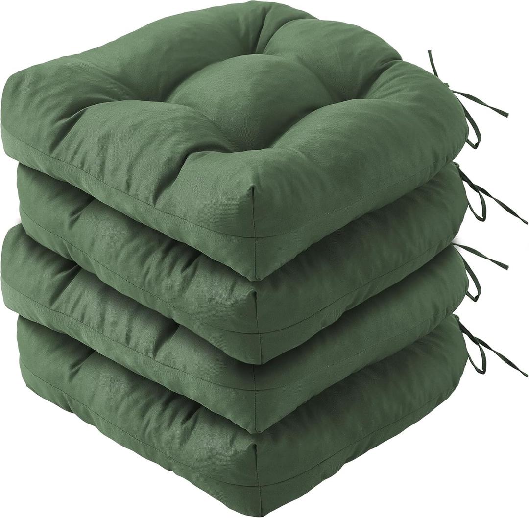 Outdoor Chair Cushions Set of 4, Patio Chair Cushions with Ties, 19x19+5 Tufted Outdoor Seat Cushions, Waterproof Patio Furniture Cushions, Outdoor Dining Chair Pads, Forest Green