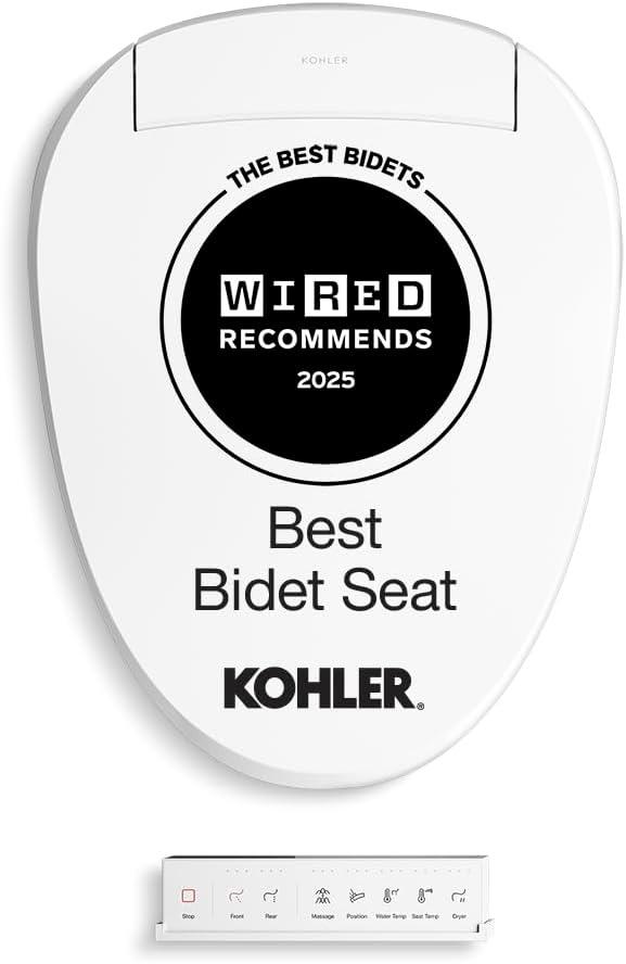 Kohler PureWash E820 Elongated Heated Bidet Toilet Seat, White with Remote Control, Quiet-Close Lid, Automatic Deodorization, Warm Water, Self-Cleaning Wand, Adjustable Water Pressure and Nightlight