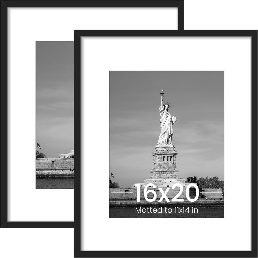 ENJOYBASICS 16x20 Picture Frame, Display Poster 11"x14" with Mat or 16" x 20" Without, Wall Gallery Photo Frames, Black, 2 Pack