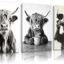 KKP Highland Cow Canvas Wall Art Set - Funny Animal Prints with Beer, Coffee & Wine, Rustic Farmhouse Wrapped Canvas Decor for Modern Country Kitchen, Dining Room, Bar, Living Room & Man Cave 12x16in