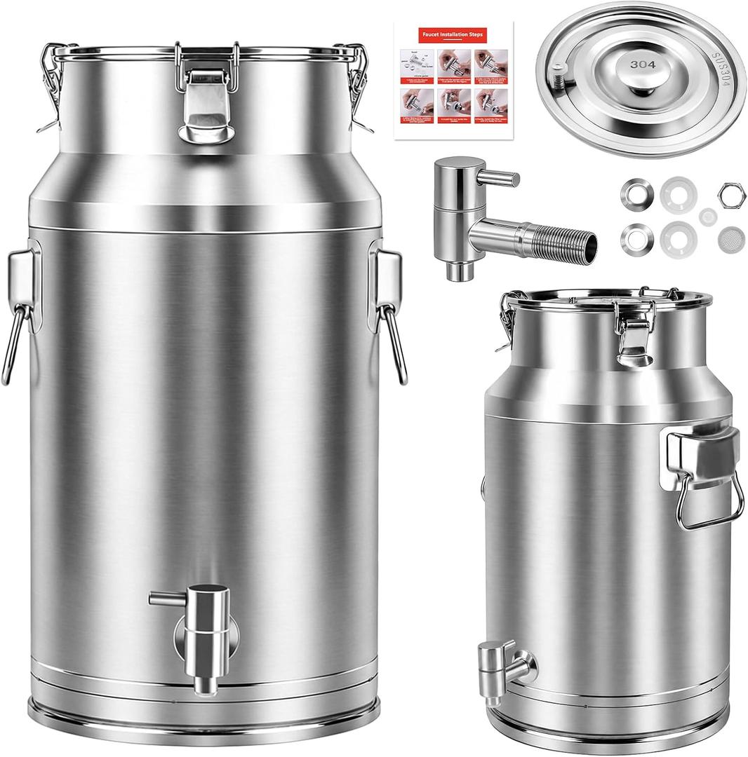 304 Stainless Steel Water Dispenser with Faucet, Thickened Milk Can with Handle, Sealing Ring and Instruction Manual, 20L Stainless Steel Water Jug for Milk, Water, Tea, Juice and Beverage Storage