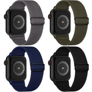 4 Pack Stretchy Solo Loop Compatible with Apple Watch Bands Women Men, Sport Nylon Elastic Straps Wristbands for iWatch Series Ultra/SE 3 2 (Black/Grey/ArmyGreen/MidnightBlue) 42mm(Series 3)/44mm/45mm/46mm/49mm