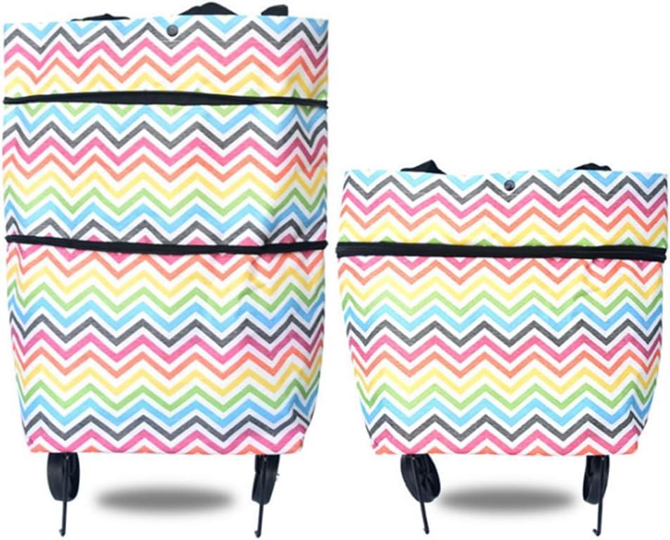 Collapsible Trolley Bags, Folding Shopping Bag with Wheels, Wear-Resistant, Reusable Grocery Bags with Wheels, for Parents, Students, Shoppers, Men, Women(Color:Colorful Stripes)