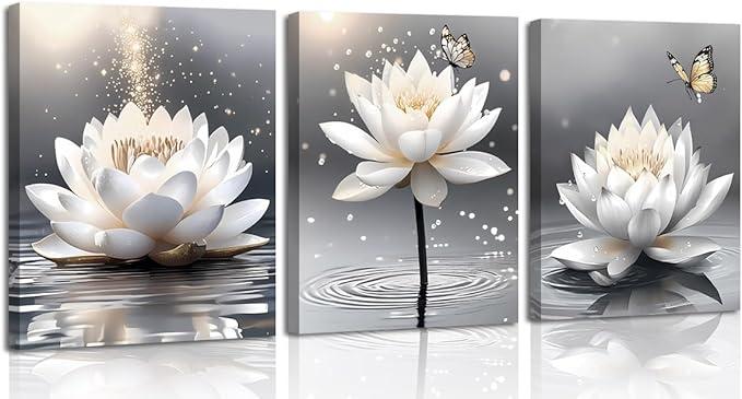 Framed Canvas Prints Art Lotus Floral Pictures Wall Art for Zen Office Decor Meditation Poster Butterfly Lotus Floral Artwork Painting for Yoga Meditation Room Bathroom Wall Decor Set of 3(8”X10”)