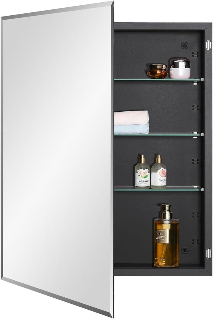 IDYLLOR Black Bathroom Medicine Cabinet with Beveled Edge Mirrored Door 24 x 30 inch, Recessed or Surface Mount, with Adjustable Glass Shelves