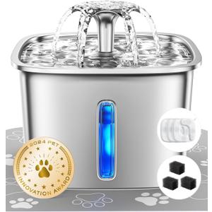 Veken Innovation Award Winner Stainless Steel Cat Water Fountain, 95oz/2.8L Automatic Pet Fountain with 3 Replacement Filters & 3 Pre-Filter Sponges & Silicone Mat for Cats, Dogs (Silver)
