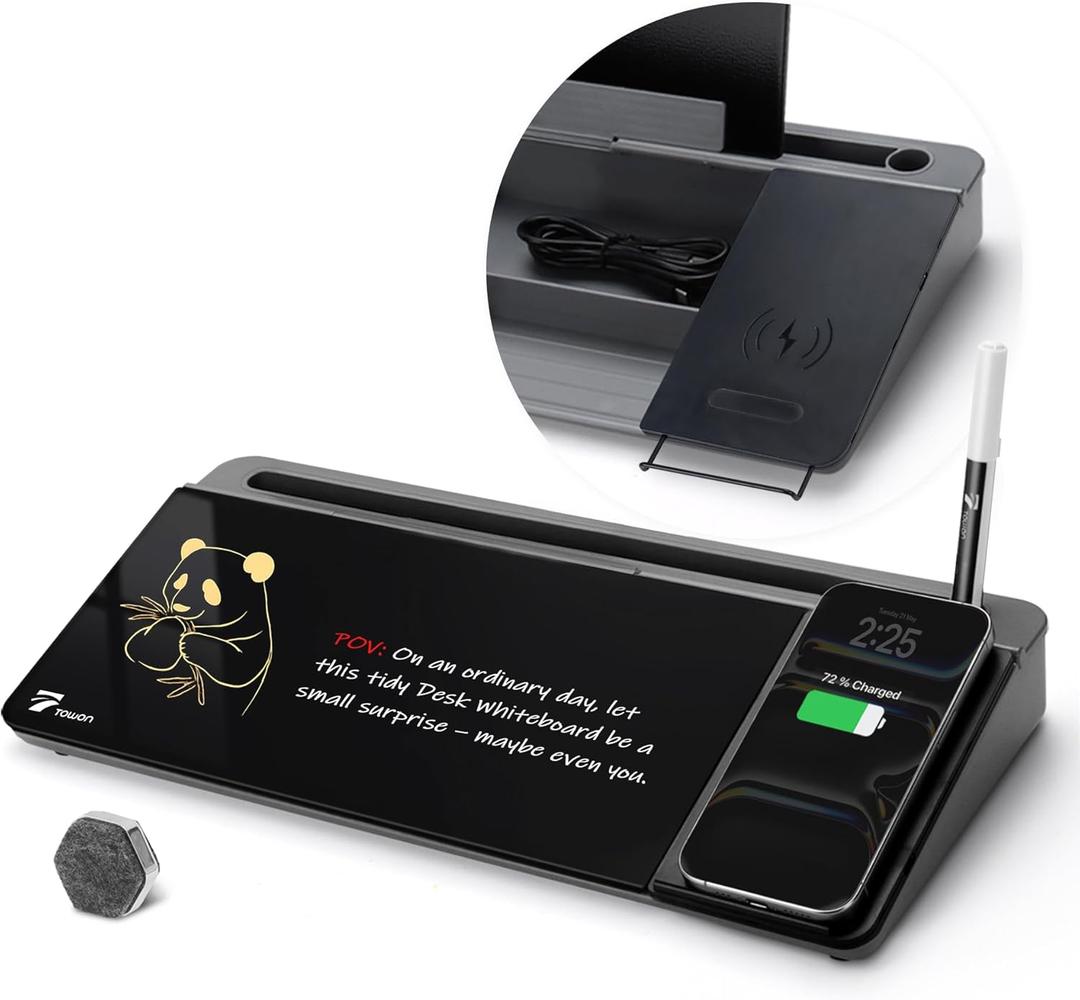 TOWON Black Desk Dry Erase Board with Charger Pad, Small Glass Desktop Whiteboard, Desktop whiteboard - Glass Dry Erase White Board- Desk Computer Buddy for Home Office Supply, 17 x 6 Inches