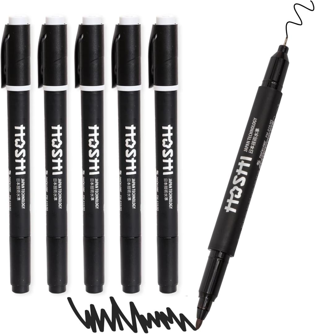 Hoshi 5 Count Twin Tip Black Permanent Markers, Fine and Ultra Fine, Waterproof & Smear Proof Industrial, Garden Markers, Perfect for Writing on Oily Surfaces