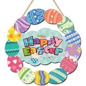 Wooden Easter Egg Wreath for Front Door, Happy Easter Door Hanger Decoration with Bunny, Rustic Two Layer Welcome Sign for Party Supplies & Wall Decor, Housewarming Gift
