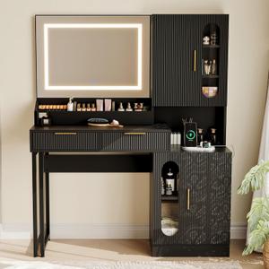 IDEALHOUSE Fluted Vanity Desk with Mirror and Lights, 45" Makeup Vanity with Large Cabinets, Drawers, Dressing Table with 3 Color Lighting Modes, Built-in Charging Station for Bedroom, Black