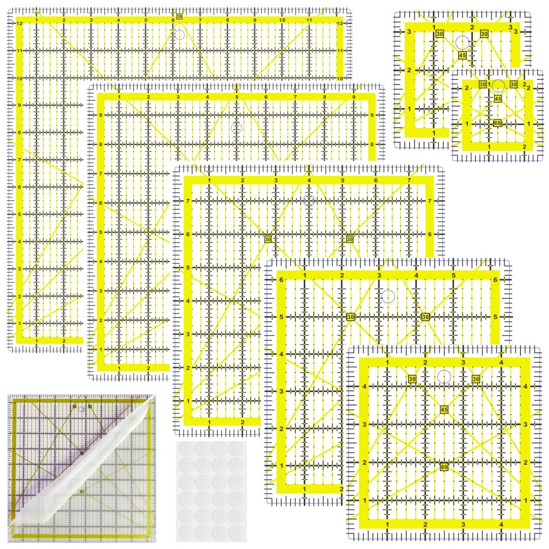 Quilting Rulers,7 Square Quilting Ruler (2.5",3.5",5",6.5", 8",10",12.5"),Quilting Cutting Squares,Quilting Rulers Acrylic,Cutting Ruler with Non-Slip Rings for Quilting and Sewing (Yellow)