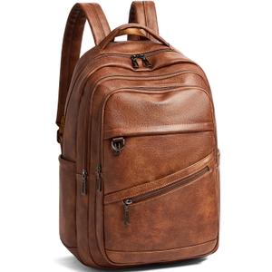 43L Backpack for Women Men - Vegan Leather Backpack Purse Travel Carry-on Bag College Bookbag Work fits 17" Laptop, Brown
