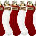 6 Pack Personalized Christmas Stockings, 18in Large Knitted Xmas Hanging Stocking Set Decoration with Leather Patches Custom Name for Holiday Christmas Family Decor (Red and White)