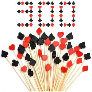 300 Pcs Casino Cocktail Toothpicks, Bamboo Appetizer Toothpicks Poker Party Decorations Cocktail Picks for Drinks Casino Cake Decor Black and Red Poker Fruits Cake Picks