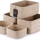 5-Pack Small Woven Rope Storage Baskets – 2 Sizes Organizer Bins for Closet, Shelf, Bookshelf, Nursery, Changing Table, Fabric Cube Boxes, Rectangular Shallow Bins for Bathroom, Toy & Home