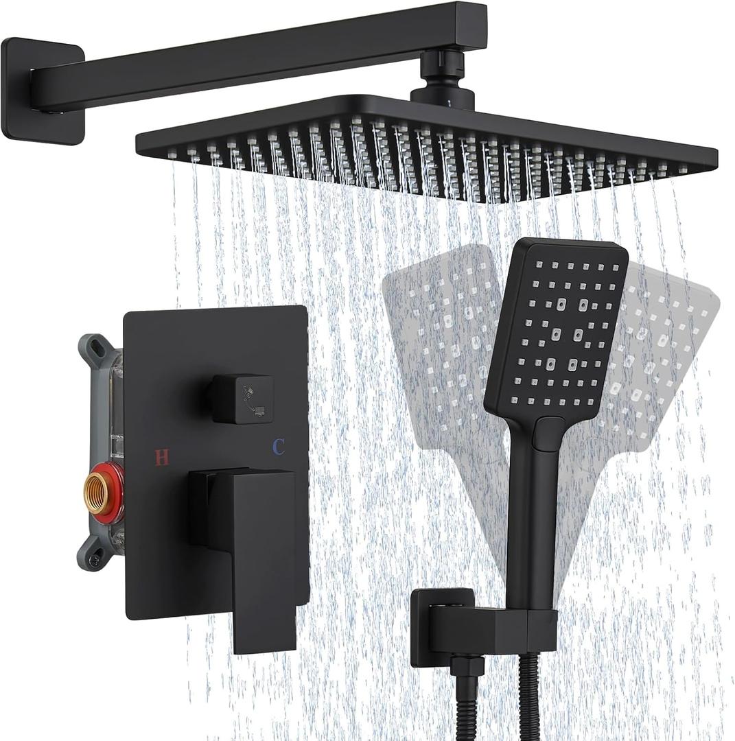 Homevacious Black Rainfall Bathroom Shower System 3 Function Shower Head and Handle Set Square Wall Mounted Solid Brass Pressure Balancing Shower Fixtures Shower Faucet With Shower Valve (11 Inch-2Functions)