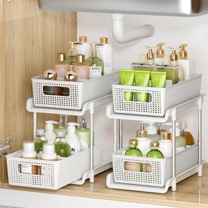 Bathroom Organizer with Dividers, 2Pcs 2 Tier Stackable Under Sink Organizers and Storage Cabinet Organizers for Bathroom Kitchen Pantry Organization and Storage, Medicine Cabinet Organizer (White)