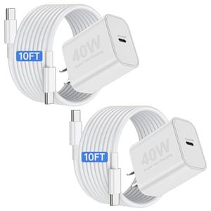 iPhone 17 16 15 Pro Max Charger Fast Charging, 2Pack 40W USB C Charging Block Plug and 10ft Type C to C Cable Cord Long for Apple iPhone 17 Pro Max/17 Air/17/16 Pro/16 Plus/15 Pro/15 Mini/iPad/AirPods, Missing Part