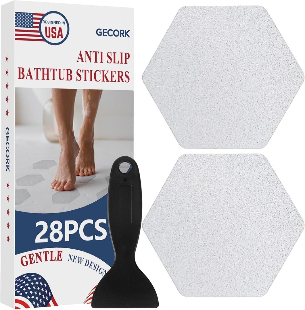 28 PCS Shower Floor Non Slip Stickers with Strong Adhesive, Invisible & Durable Anti Slip Shower Stickers with Scraper for Bath Tub, Pools and Stairs(Clear,Hexagon)