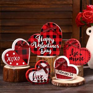 Cinnvoice 5 Pcs Valentines Table Decorations Wooden Sign Love Heart Red Buffalo Plaid Tabletop Centerpiece Red White Conversation Hearts Decor for Valentines Day Anniversary Couple
