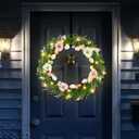 18 Inch Light up Easter Spring Wreath Artificial Flower Wreath with A Hook Colorful Eggs Berries Bow Knot for Front Door Easter Summer Farmhouse Wall Home Window Decor