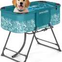 SereneLife Foldable Dog Bath Tub with Adjustable Height, 360° Access, Drain Hose & Storage Pockets – 130 lb Capacity Grooming Station for Indoor/Outdoor Use, Blue