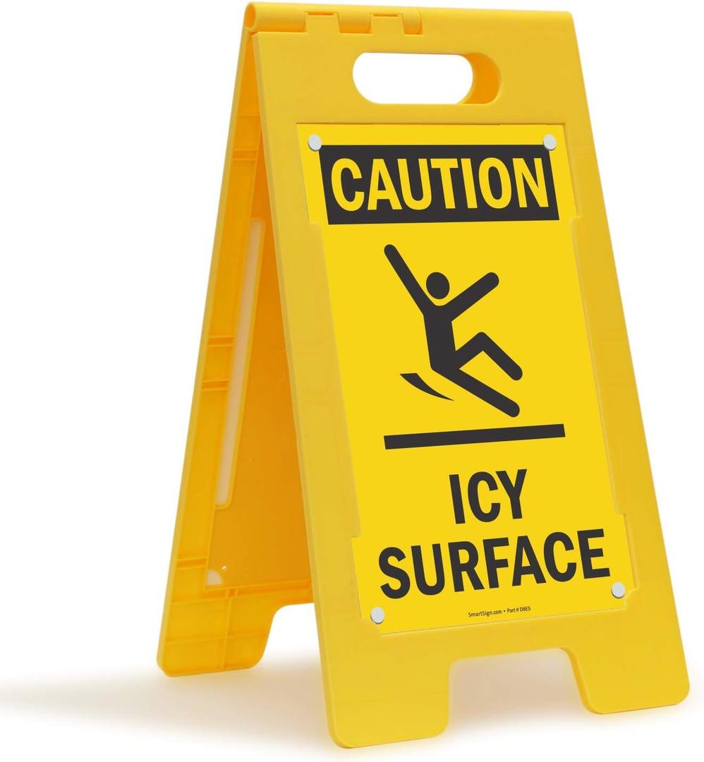 SmartSign 25 x 12 inch Caution - Icy Surface Two-Sided Folding Floor Sign with Symbol, Digitally Printed Polypropylene Plastic, Black and Yellow
