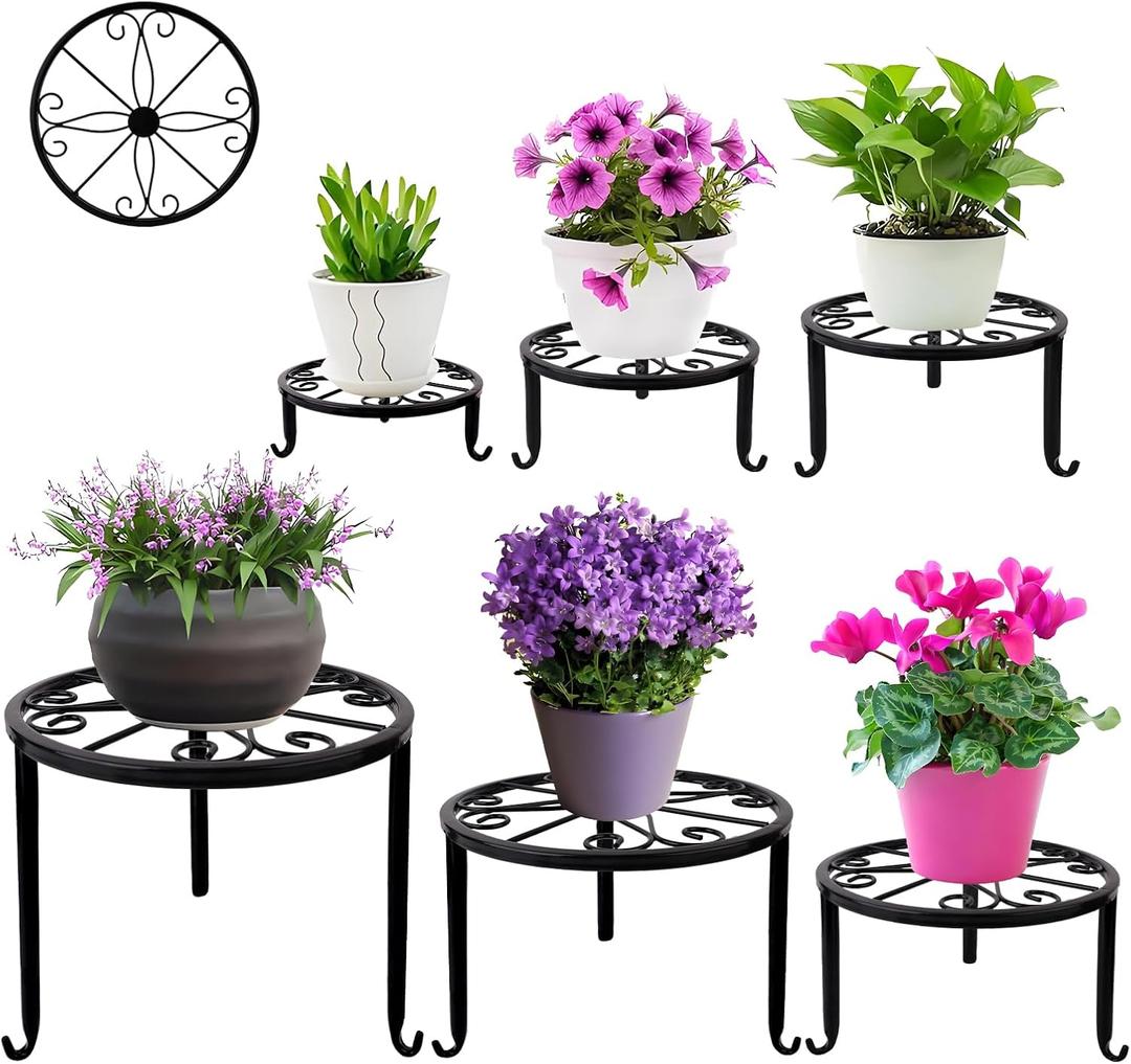 6 x 6-Pack Metal Plant Stand,Heavy Duty Flower Pot Stands for Multiple Plant,Outdoor Anti-Rust Plant Pot Shelf, Round Plant Holder for Outdoor/Indoor Planter, Living Room, Balcony Decor (6PACK BLACK)
