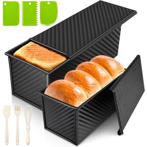 2Pack Bread Pan with Lids  2.2 LB & 1 LB Dough Capacity, Non-Stick Carbon Steel Bread Pans for Homemade Sandwich and Sourdough Bread, Corrugated Toast Mold Black