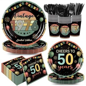 168Pcs Vintage 50th Birthday Plates Napkins Party Supplies Back in 1976 Disposable Tableware Set Paper Cups Black Forks Knives Spoons Cheers to 50 Years for Old Men Women Anniversary Serves 24