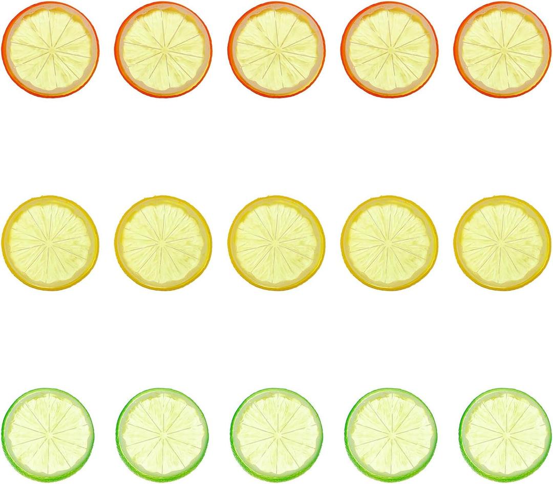 Tyqour 15 Pcs Fake Lemon Slices Plastic Lemons Decor Artificial Faux Lemon for Kitchen Home and Party Decoration (Yellow, Orange, Cyan)