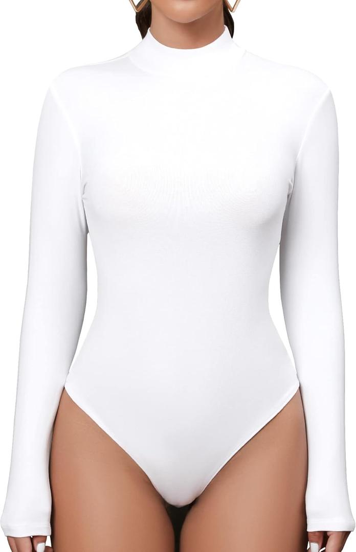 UNTYHOTS Mock Turtle Neck Long Sleeve Bodysuits for Women Shirts Tops (XX-Large, White)