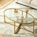 Wolawu Coffee Table Gold Oval Glass Coffee Tables for Living Room,Modern Gold Metal Frame Tea Tables for Small Space, Tempered Glass Top Center Table with Stable Cross Base for Bedroom, Office,Balcony