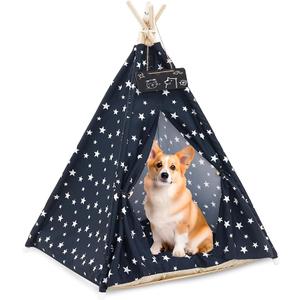 Pet Teepee Tent for Dogs & Cats, 24 Inch & 43 Inch Portable Indoor Dog House with Thick Cushion, Cat Teepee Washable Tent Dog Teepee Bed Indoor (43 Inch, Navy Blue Stars)