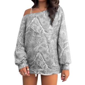 SOFIA'S CHOICE Women's Oversized Camo Print Off The Shoulder Sweatshirts Long Sleeve Pullover Fall Outfit Light Gray, Medium