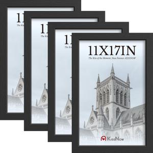 11x17 Picture Frame 4 Pack, Textured Black Solid Wood, Wall Gallery Poster Frame