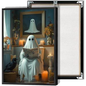 Trendy Halloween Bathroom Ghost Wall Art Ghost On Toilet Reading Newspaper Canvas Posters Goth Dark Academia Horror Prints Painting For Living Room Bedroom Wall Decor 16x24in Unframed (16L" x 24W")