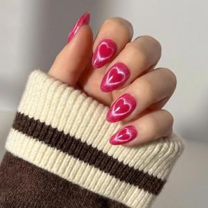 Glamnetic Press On Nails - Text Me Back | Short Almond Fake Nails in Hot Pink with Cat-Eye Magnetic Heart Designs in a Velvet Finish | 15 Sizes - 30 Nail Kit with Glue
