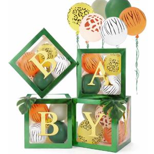 Gejoy Safari Animal Baby Shower Party Decorations, 4 Pcs Transparent Baby Balloon Boxes with 8 Letters 40 Deer Tiger Zebra Leopard Latex Balloons for Jungle Safari Party Supplies