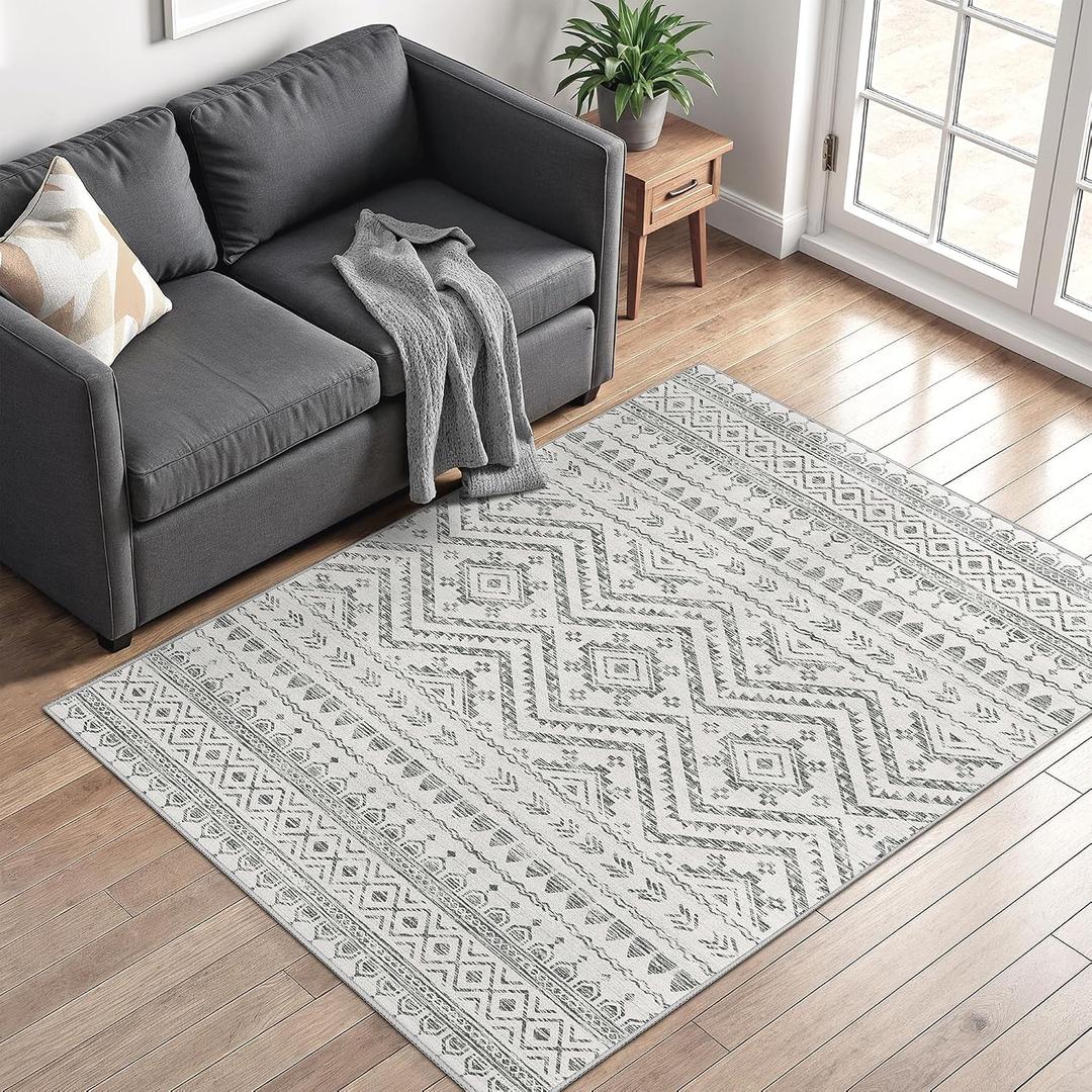 3x5 Washable Rug Moroccan Small Entryway Rug Non Slip Indoor Floor Carpet Foldable Thin Rugs for Kitchen Bedroom with Low Pile(Grey,3'x5')
